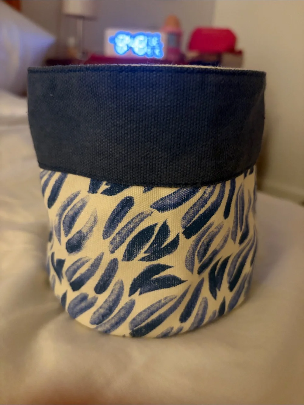 Canvas Storage Bin with Navy Leaf Pattern